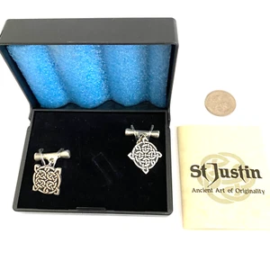 ST JUSTIN PEWTER CELTIC KNOT CUFFLINKS: MADE IN UK * ETERNITY, NEVER-ENDING LINE - Picture 1 of 6