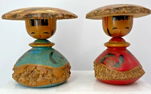 Pair Signed Vintage Kokeshi Wooden Japanese Bobble Heads Nodders; One Head Off - Bild 1 von 21