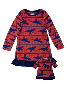 Girls Red T-Rex Dinosaur Fleece Holiday Nightgown & Doll Night Gown Set - Picture 1 of 1