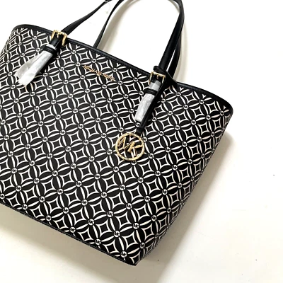 NWT Michael Kors Jet Set Charm Tote Bag Black Geo Print Medium Carryall $330 - Image 1 of 4