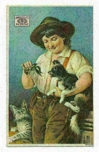 Jabón James Pyle's Pearline, niño perro gato cangrejo, tarjeta comercial victoriana - Imagen 1 de 2