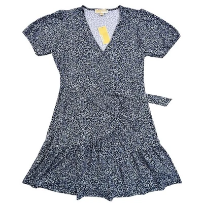 Vestido midi Michael Kors envolvente talla L azul blanco floral con volantes cuello en V Foto 1 de 4