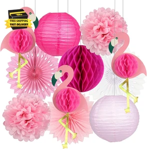 Tropical Party Decorations Pink Flamingo Party Supplies Pom Poms Flowers Tissue - Picture 1 of 7