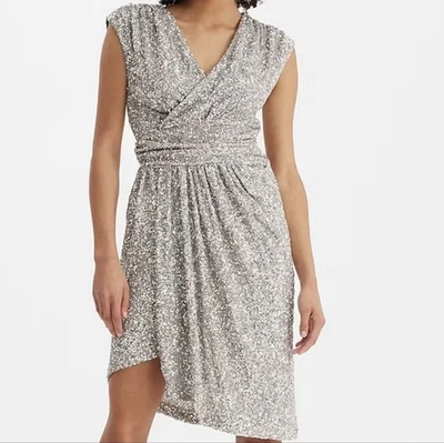 Express亮片垂褶 V 领帽袖迷你紧身连衣裙 L 码假日派对 — 第 1/4 张图片