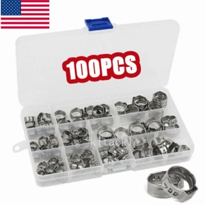 100PCS Assorted Hose Clamp Set Stainless Steel Ear Cinch Rings Crimp Pinch Kit - Picture 1 of 11