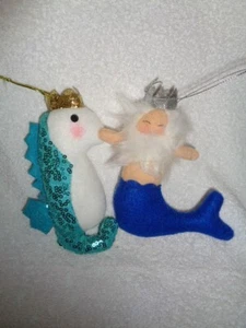 Ornament Merman Mermaid Man White Beard Crown Blue Felt Plush Poseidon King New - Picture 1 of 11