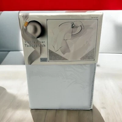 Vienna Tablecloth White Oblong 60'X102” Silver Edge Party Holiday Christmas  NEW - Image 1 of 4