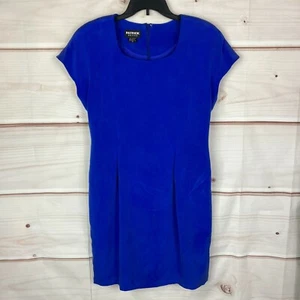 Patrick Vintage Dress Women 12P Blue Silk Shift Pleated Short Sleeve Square Neck - Picture 1 of 7