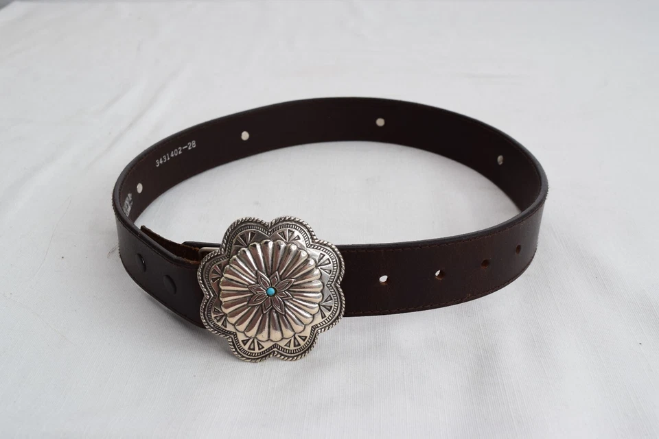 Nocona Womens Western Leather Belt 28 Silver Floral Buckle Turquoise Cowgirl - Image 1 of 4