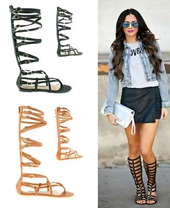 SEÑORA MUJERES MUJERES GLADIADOR SANDALIAS PLANAS HASTA LA RODILLA BOTAS ALTAS CON CREMALLERA ZAPATOS TALLA - Imagen 1 de 13