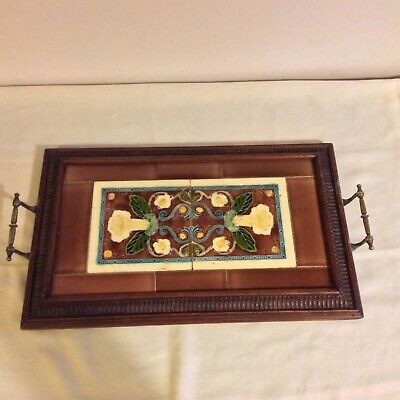 Beautiful Antique Art Nouveau Wooden Butlers Tray-inlaid Tiles+Brass Handles • 80.67£