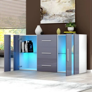 LED Sideboard 2 Door 3 Drawer Buffet Storage Cabinet Cupboard High Gloss Front - Picture 1 of 34