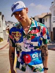 Obey Mens Graphic Hawaiian Button-Up Shirt L Colorful Pop Art Design100% Viscose - Picture 1 of 14