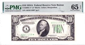 1934-A $10 Federal Reserve Note Boston **STAR** PMG Gem Unc 65EPQ #A01611099* - Picture 1 of 2