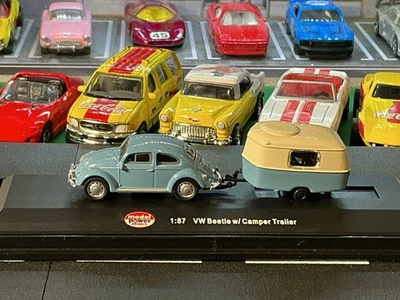 Model Power Minis Blue VW Beetle W/Gray Camper Trailer 1/87 Diecast - Image 1 of 4