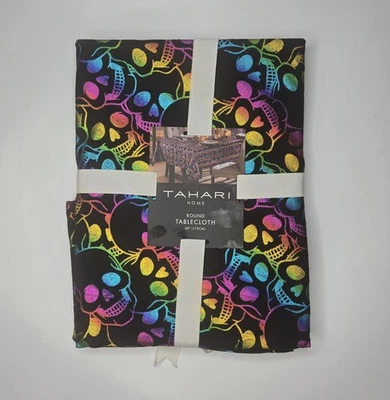 Tahari Calaveras 68" Mantel Redondo Halloween Negro Metálico Esqueleto Algodón Raro Foto 1 de 4