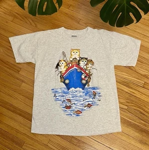 Vintage 90s Adult Large Kittens Kitty Cat Boat Fish Novelty T-Shirt Gray - Picture 1 of 5