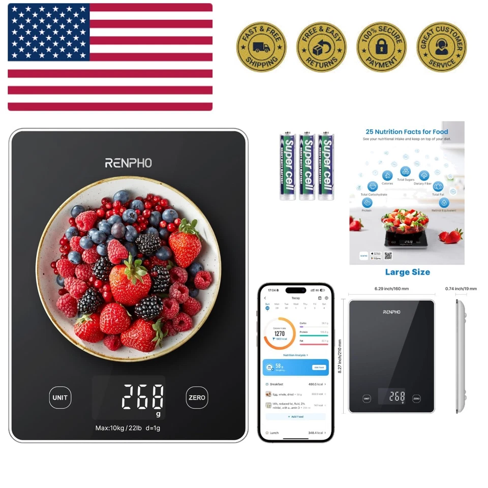 RENPHO R-T001 Smart Nutrition Scale Black Glass 22lb/10kg -