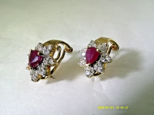 RUBY AND DIAMOND EARRINGS SET IN 14KT GOLD WITH OMEGA BACKS PRONG AND BEZEL SET - Picture 1 of 7