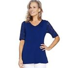 Denim & Co Fit Flare Stretch Lace Elbow Sleeve Top-Navy-S-A290115