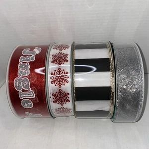 Members Mark Christmas Wired Ribbon Red White And Silver, Snowflakes Red 4 Rolls - Picture 1 of 10