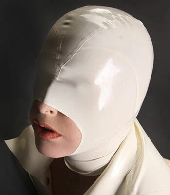 Latex Face Mask Sexy Rubber Hood Open Mouth for Party Wear Catsuit Unique White - Image 1 of 2