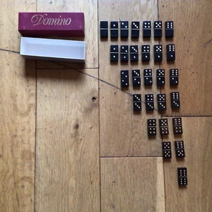 Vintage Mini Black Wood With Gold Detail Dominoes Set Of 28 Red Cardboard Box - Picture 1 of 5