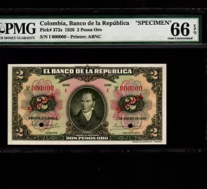 Kolumbien 2 Pesos Oro 1926 P-372s * PMG Gem Unc 66 EPQ * Specimen * Top Pop * - Bild 1 von 2