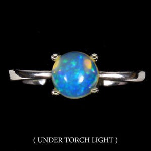 Unheated Round Fire Opal Rainbow Full Flash 6mm 925 Sterling Silver Ring Size 6