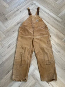 Vintage 90s Carhartt Bibs Mens 48/30 Canvas Duck Double Knee Distressed Stains - Picture 1 of 7