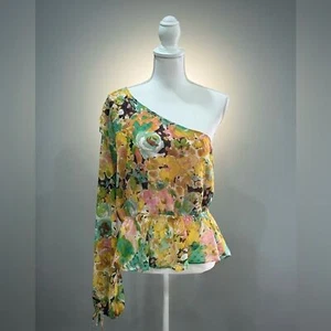 Yellow Floral Vici One-Shoulder Blouse Size XL EUC - Picture 1 of 3