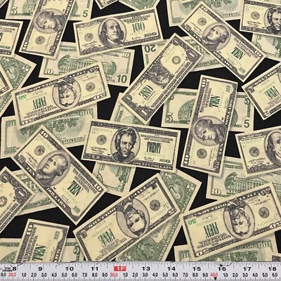 Billetes de dólar de dinero de placeres y pasatiempos en tela de algodón negro remanente de media yarda Foto 1 de 2