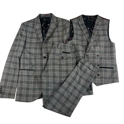 Next 3 Traje de Tres Piezas Tweed Marrón Cuadros 28" Pantalones 36" Chaqueta Boda Baile de graduación Foto 1 de 4