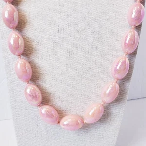 Vintage West Germany Iridescent Pink Acrylic Beaded Knotted Strand Necklace 29" - Picture 1 of 7