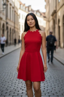 BCX Womens Red Scalloped Mini Bodycon Dress Juniors Size Romantic Holiday - Image 1 of 4