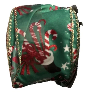 Place & Time Christmas Wired Green Ribbon Candy cane & Stockings 2.5” x 8.3 yds - Picture 1 of 4