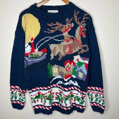 Vtg Crystal Kobe Ugly Christmas Sweater Small Women Santa Holiday Party Reindeer - Image 1 of 4