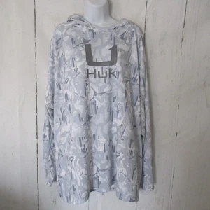 Huk Fishing Shirt XXL Gray White Shark Fish Print Hoodie Long Sleeve - Picture 1 of 5