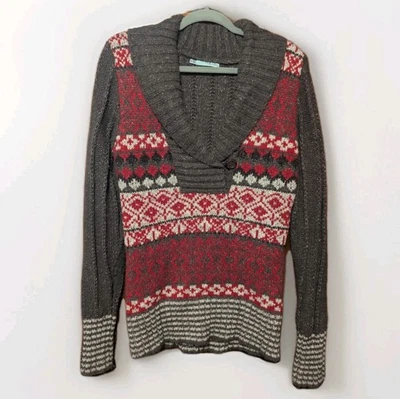 Maurices свитер женщин Sz XL серый красный пуловер лацкан шеи длинным рукавом - Изображение 1 из 4