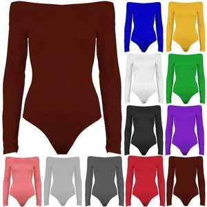 Womens Ladies Off Shoulder Bardot Full Sleeves Stretchy Bodysuit Leotard Top - Picture 1 of 12
