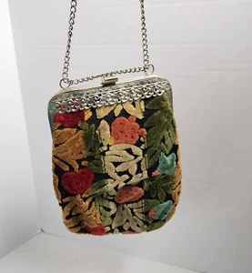 Vtg 60s Chenille Tapestry Carpet Shoulder Bag Purse Gold Trim Silver Strap *READ - Picture 1 of 15
