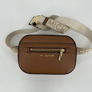 Michael Kors Brown Leather Belt Bag Pebbled Leather Canvas Strap Fanny Pack - Picture 1 of 9