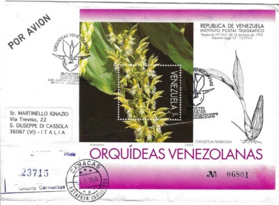Venezuela: 1995; Hoja de recuerdo Scott 1519, orquídeas, FDC circulada EBV526 Foto 1 de 2