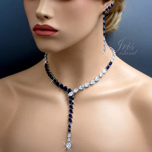 Women Jewelry Set Blue Cubic Zirconia Y-Drop Necklace Earrings White Gold Plated - Picture 1 of 8
