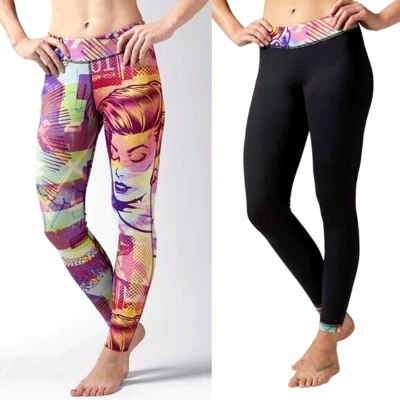 Reebok Damen Sport Leggings 2in1 Laufhose Hose Fitness Yoga Gym schwarz bunt S M