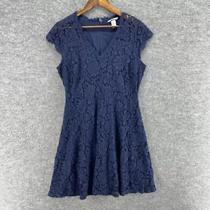 H&M Dress Women M Medium Blue Floral Sheath Midi Crochet Lined Zipper V-Neck - Picture 1 of 7