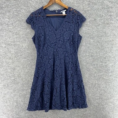 H&M Dress Women M Medium Blue Floral Sheath Midi Crochet Lined Zipper V-Neck - Image 1 of 4