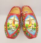 Vintage Wood Shoes Made In Holland Red Clogs Hand Painted Windmill Size 16cm