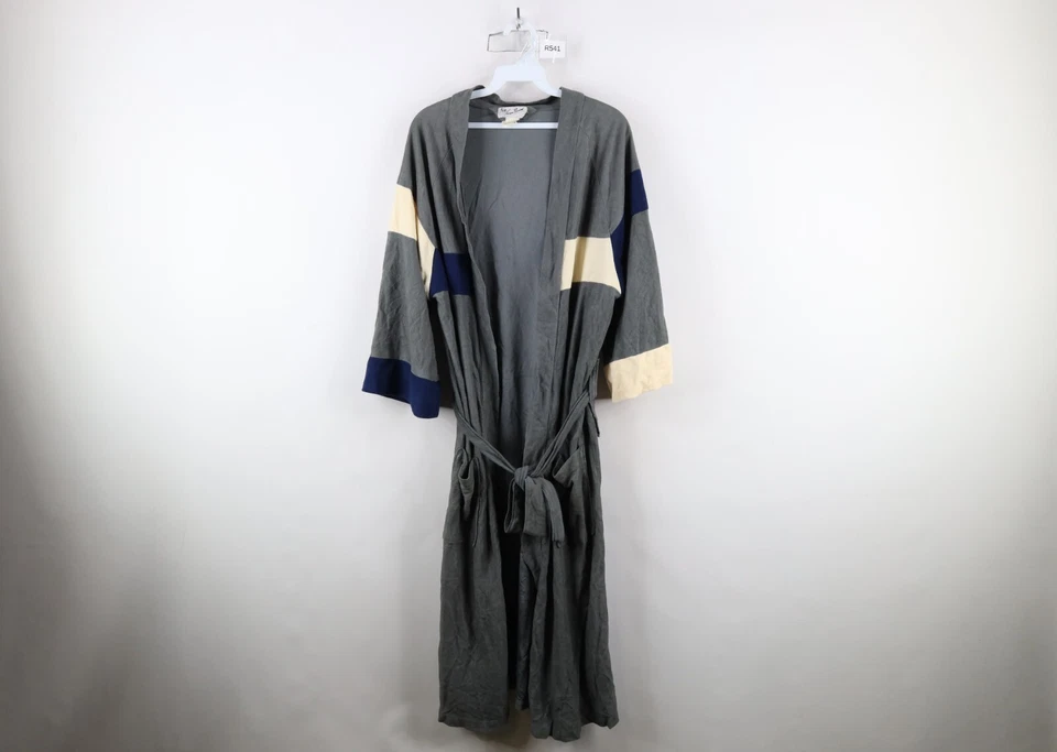 Vintage 60s 70s Streetwear Mens OSFA Color Block Belted Velour Bath Robe USA - Image 1 of 4
