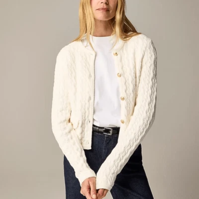 J Crew Odette cable-knit sweater lady jacket in cotton-blend boucle Small Ivory - Image 1 of 4